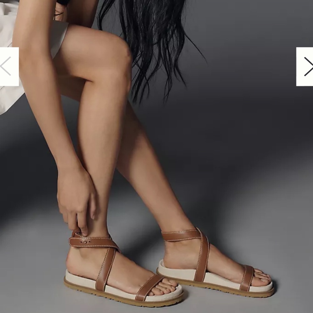 Anthropologie Tan Leather Ankle-Strap Flat Sandals